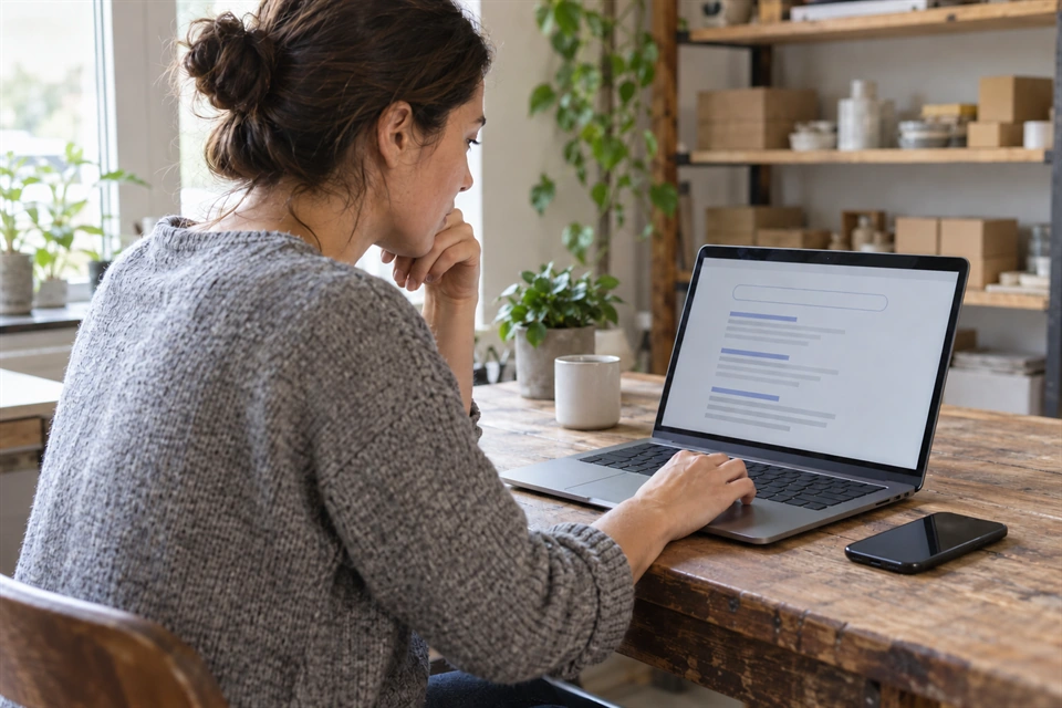 An owner at a desk reading search results on a laptop, with a phone beside it, in morning light