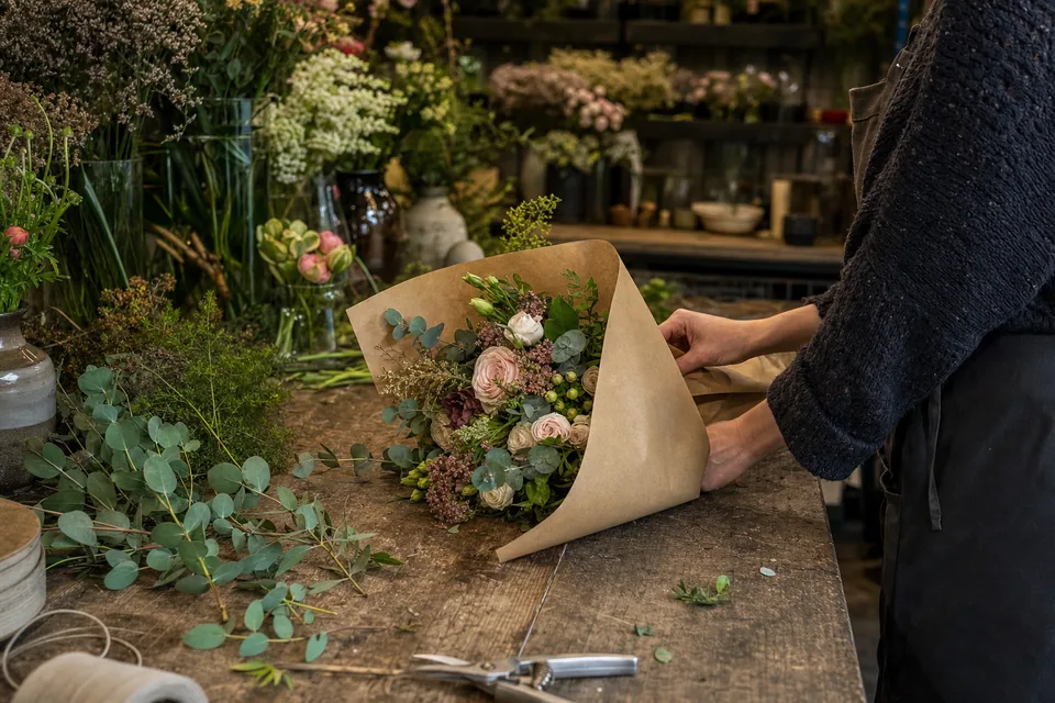 A shopkeeper wrapping a finished bouquet in paper on a workbench