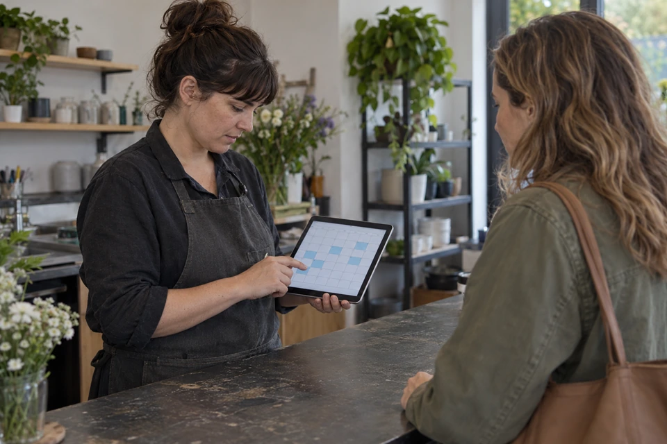 A shop owner at the front counter checking a tablet calendar while a customer waits