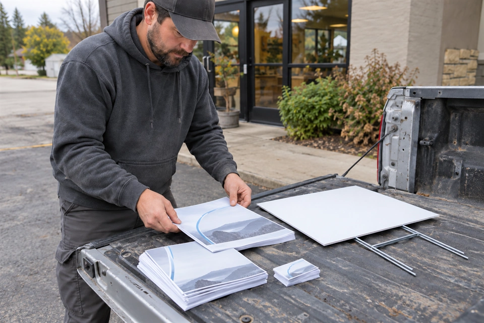 A crew leader laying out printed flyers, business cards and a yard sign on a truck tailgate